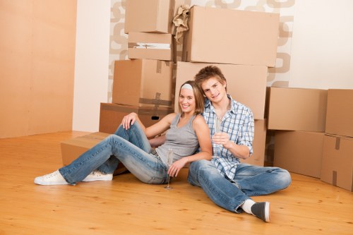 Packed boxes and furniture prepared for a residential relocation