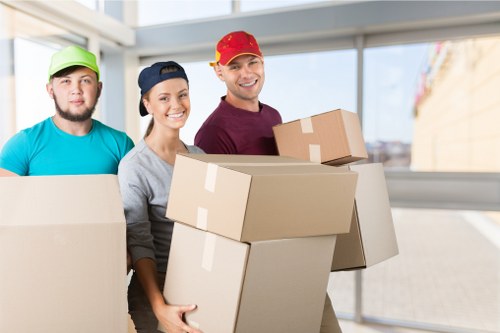 Packed office furniture and equipment ready for transport