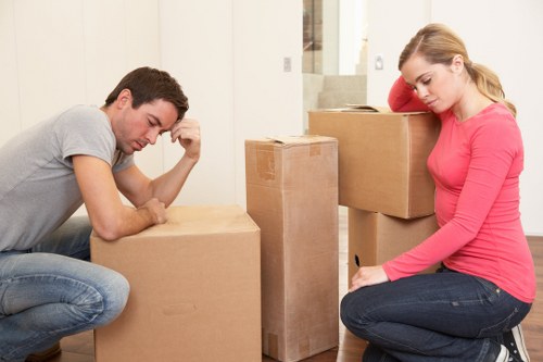 Packed office equipment and furniture ready for transport