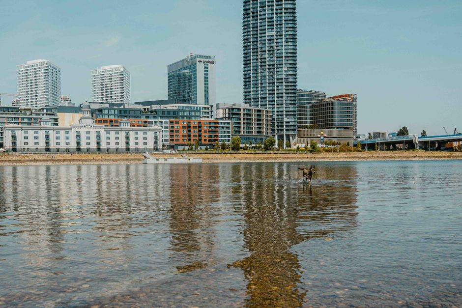 A view of a modern urban riverside scene showing high-rise office and apartment buildings with glass facades and geometric designs in the background, along with mid-rise structures and colorful reside